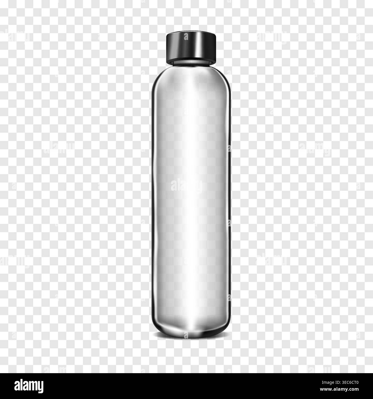 Bouteille cylindrique en verre transparent avec bouchon à vis métallique noir sur fond transparent, maquette vectorielle réaliste. Maquette de bouteille de balle Illustration de Vecteur