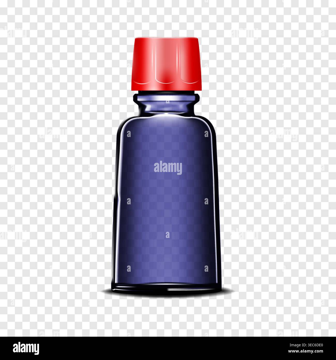Bouteille vierge en verre bleu foncé transparent avec bouchon à vis rouge sur fond transparent. Emballage pour produit cosmétique ou médical Illustration de Vecteur