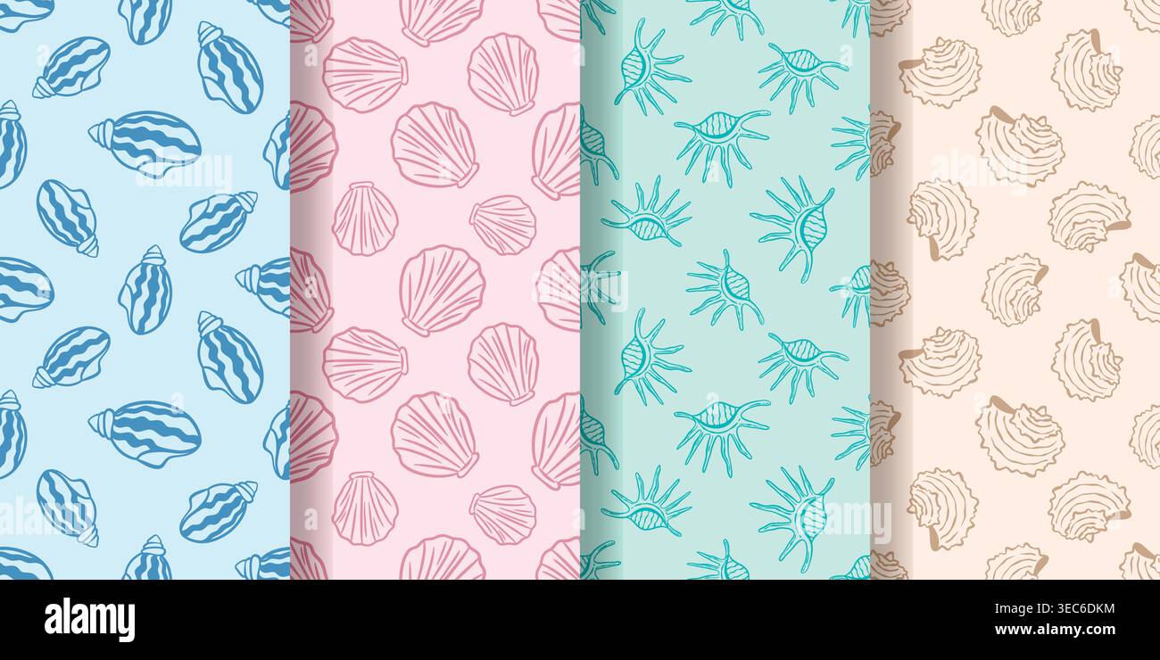 Ensemble de motifs sans couture à thème avec coquillages. Coques dessinées à la main sur différents fonds colorés. Impressions nautiques pour couvertures textiles, papier, pack Illustration de Vecteur