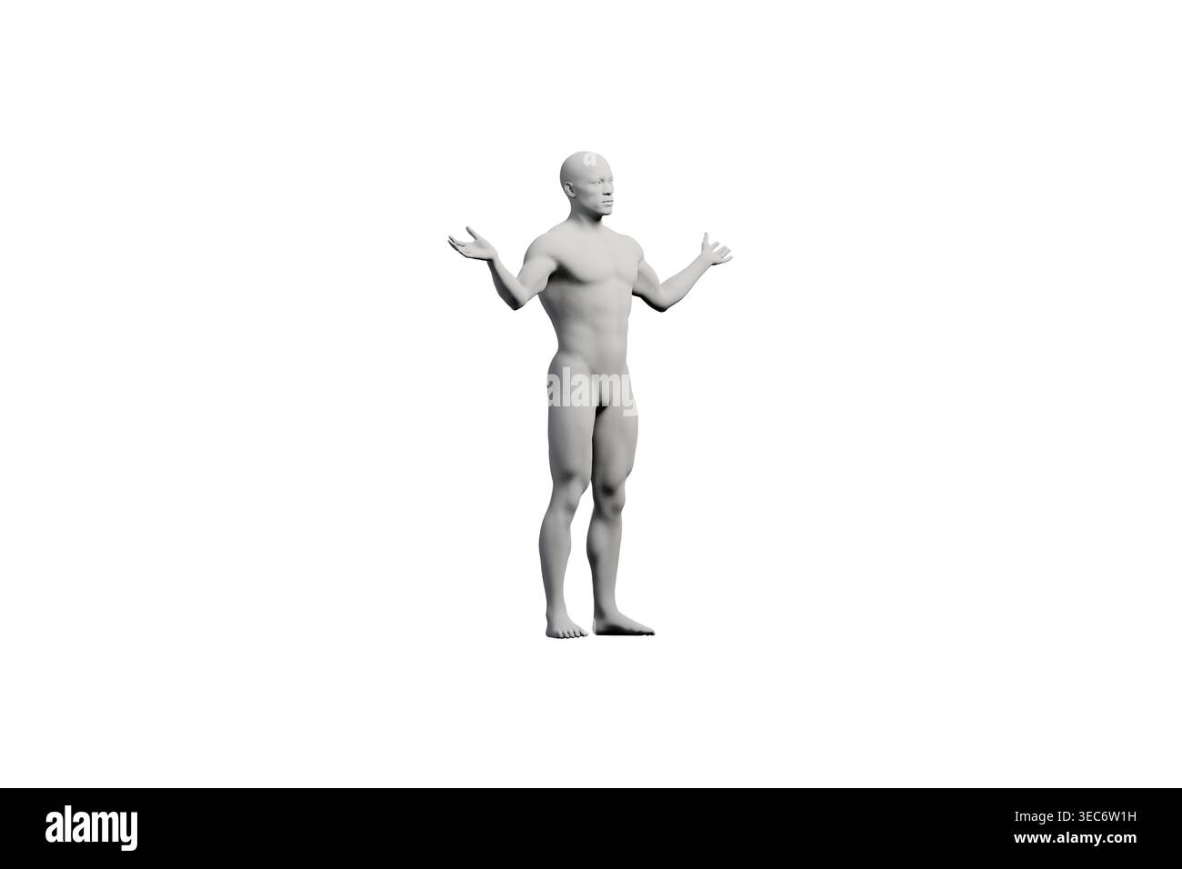 Un mannequin se tient en toute confiance dans un studio blanc, faisant des gestes à bras ouverts, mettant en valeur une vue de face classique de trois quarts. Banque D'Images