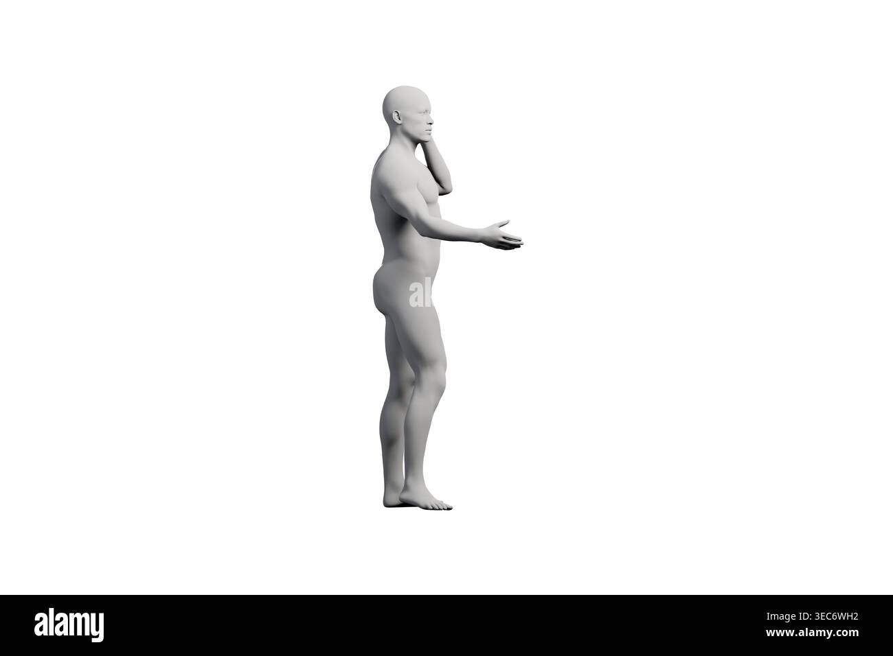 Un mannequin rendu en 3D se tient en toute confiance dans un studio blanc, faisant des gestes d'une main tandis que l'autre est soulevée, créant une pose dynamique et engageante. Banque D'Images