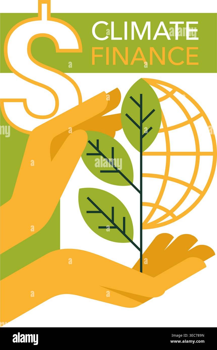 Financement climatique - ressources financières, prêts, subventions pour l'atténuation du changement climatique, l'adaptation ou la résilience. Main tenant plante et globe terrestre Illustration de Vecteur