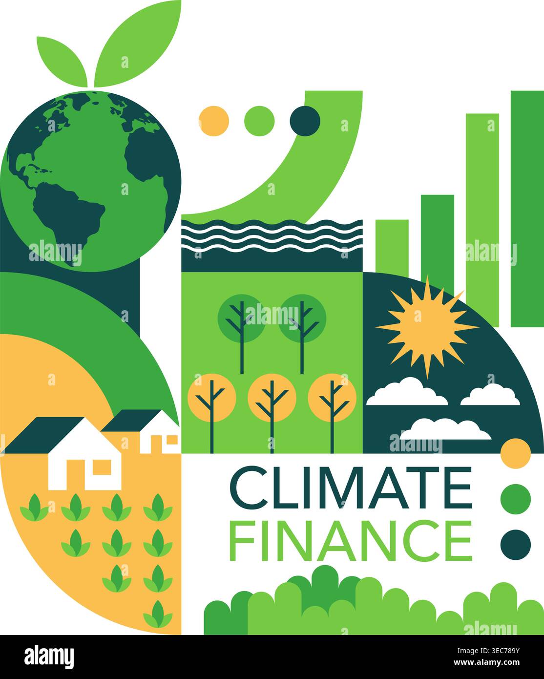 Financement climatique - ressources financières, prêts, subventions pour l'atténuation du changement climatique, l'adaptation ou la résilience. Décoration dans un style géométrique Illustration de Vecteur