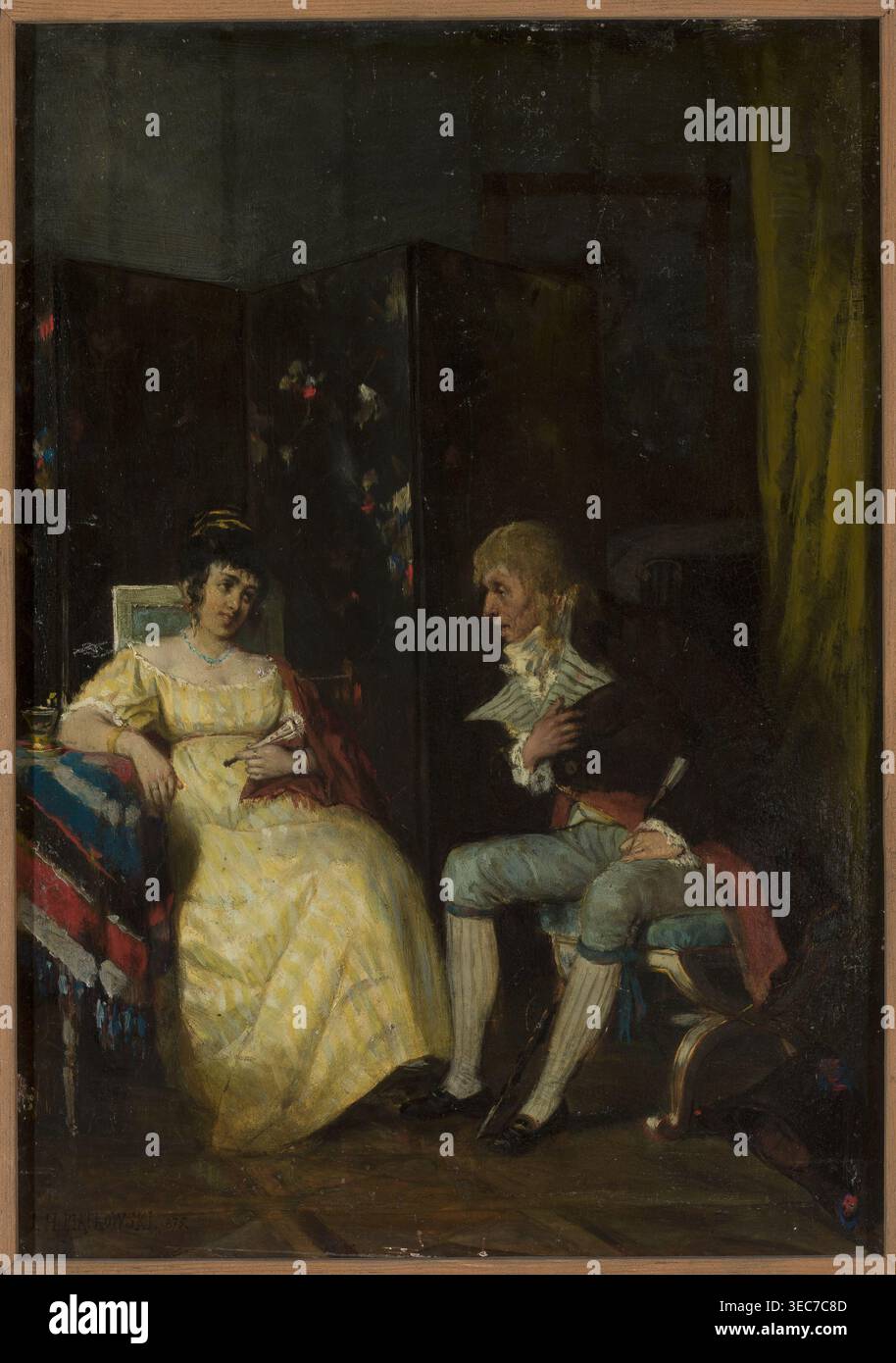 Conversation, Henryk Piątkowski 1853–1932, peintre ; scènes de cour, intérieurs, meubles ; historicisme ; vue intérieure ; 1875 ; peinture; 34 x 24,5 cm, Une scène peinte d'un intérieur avec une femme assise et un homme assis face à face, la femme portant une robe jaune pâle avec un châle rouge drapé à côté d'elle et un collier bleu clair, et l'homme vêtu de vêtements plus foncés avec des culottes et des bas de couleur claire; un écran pliant sombre avec de petits accents floraux colorés se tient derrière eux, une table recouverte d'un tissu rayé en bleu, rouge et blanc se trouve à côté de la femme avec une petite tasse dessus, Banque D'Images