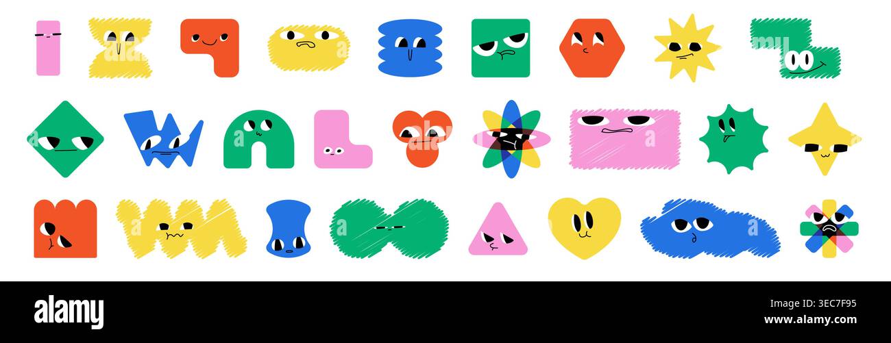 Formes de dessin animé mignonnes avec des visages drôles et des sourires heureux, ensemble vectoriel isolé sur fond blanc. Personnages géométriques colorés avec des yeux et des émotions différentes, des conceptions d'enfants et des projets créatifs. Illustration de Vecteur