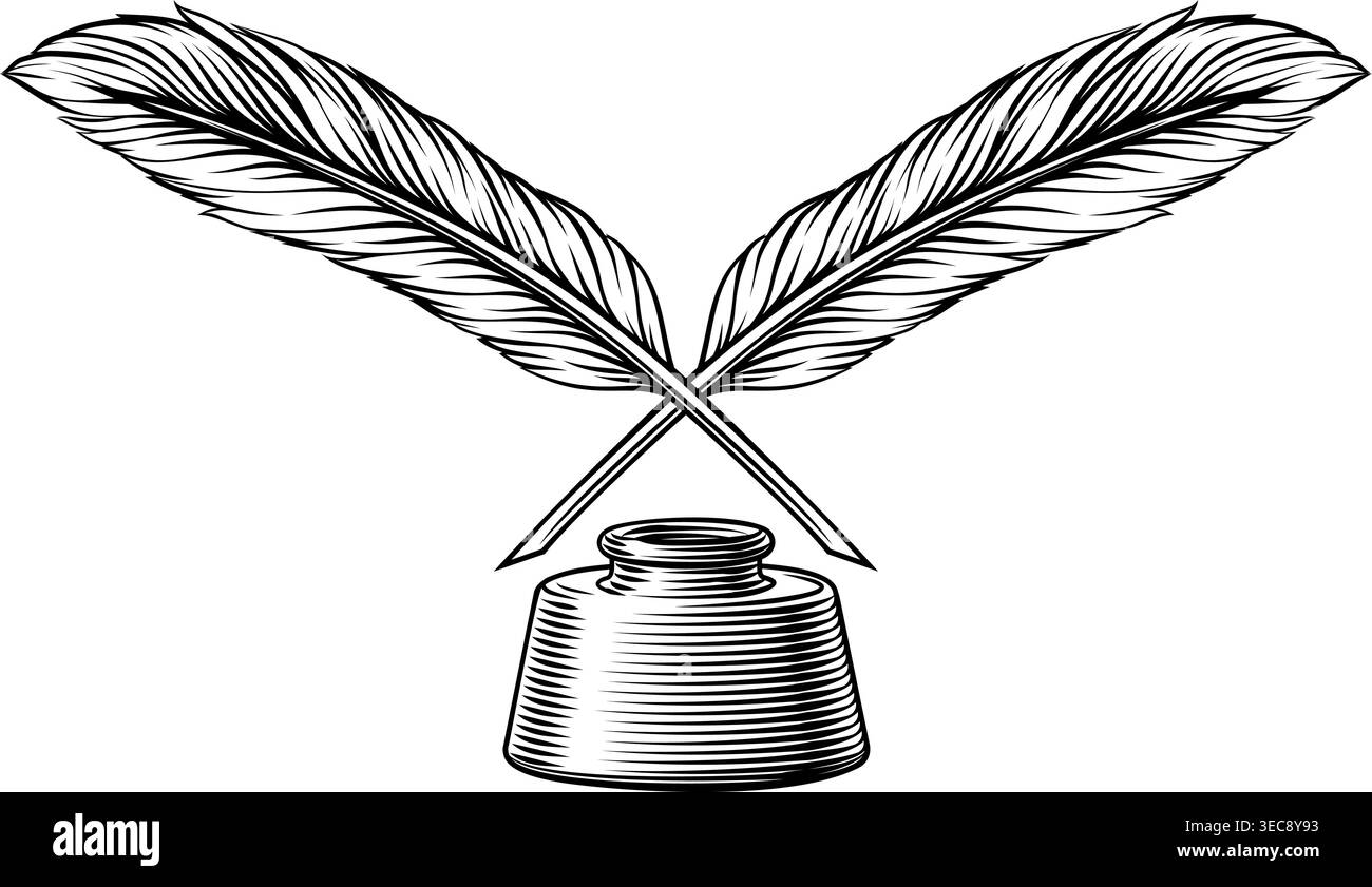 Stylo à encre croisée Feather Quills Inkwell concept Illustration de Vecteur