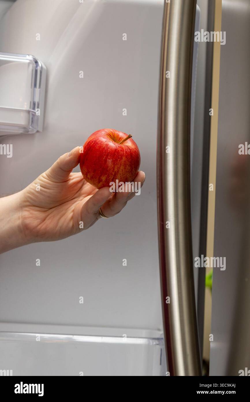 Gros plan vertical de la main prenant Red Apple de la porte du réfrigérateur à la maison Banque D'Images