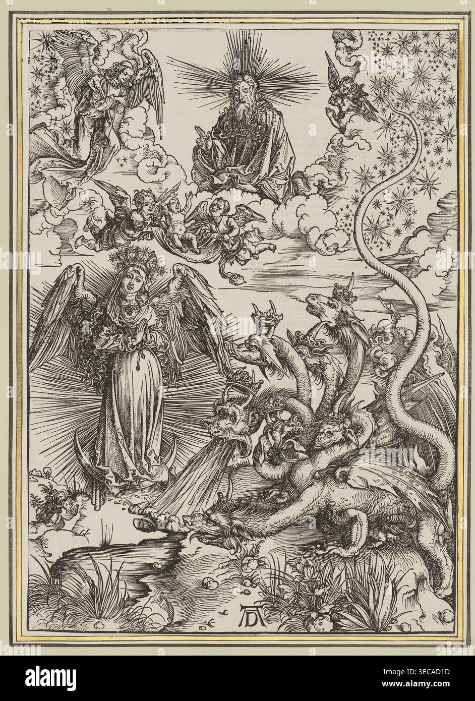 La femme apocalyptique, Dürer, Albrecht (1471-1528), graphiste ; scènes religieuses; Apocalypse of nouveau Jean (Nouveau Testament) ; Dieu le Père ; 1511 ; graphique ; hauteur 39,0 cm, largeur 27,5 cm, l'image montre une gravure détaillée en noir et blanc d'une scène céleste avec une figure féminine ailée centrale debout sur une forme de croissant, entourée de lignes rayonnantes et de nuages ; plusieurs petits chérubins ailés planent au-dessus d'elle parmi les nuages. Au-dessus d'eux se trouve un personnage masculin barbu avec des faisceaux rayonnants derrière sa tête, flanqué de deux anges ailés plus grands dans les coins supérieurs. A droite un dragon à plusieurs têtes Banque D'Images