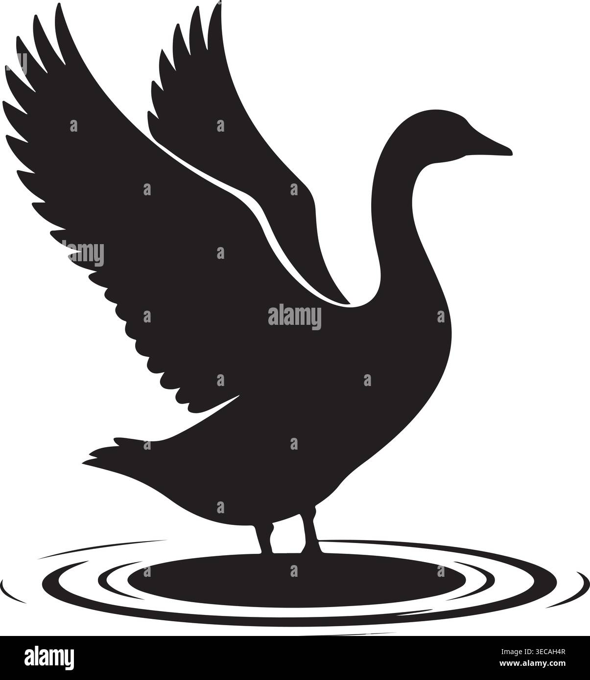 Silhouette noire frappante d'une oie élégante ou d'un cygne déployant ses ailes majestueuses tout en se tenant gracieusement debout dans l'eau calme, créant de douces ondulations. Illustration de Vecteur