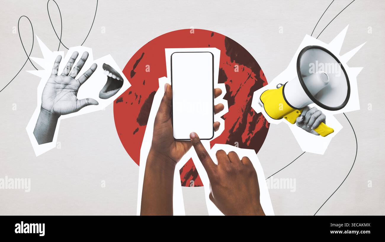 Collage créatif montrant des mains, un mégaphone et un smartphone avec un fond rouge Banque D'Images