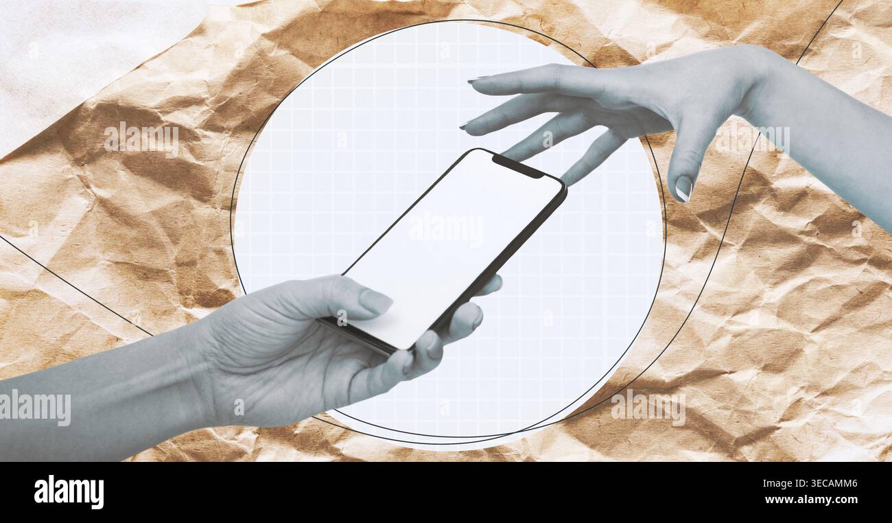 Collage créatif de mains atteignant pour un smartphone sur fond texturé Banque D'Images