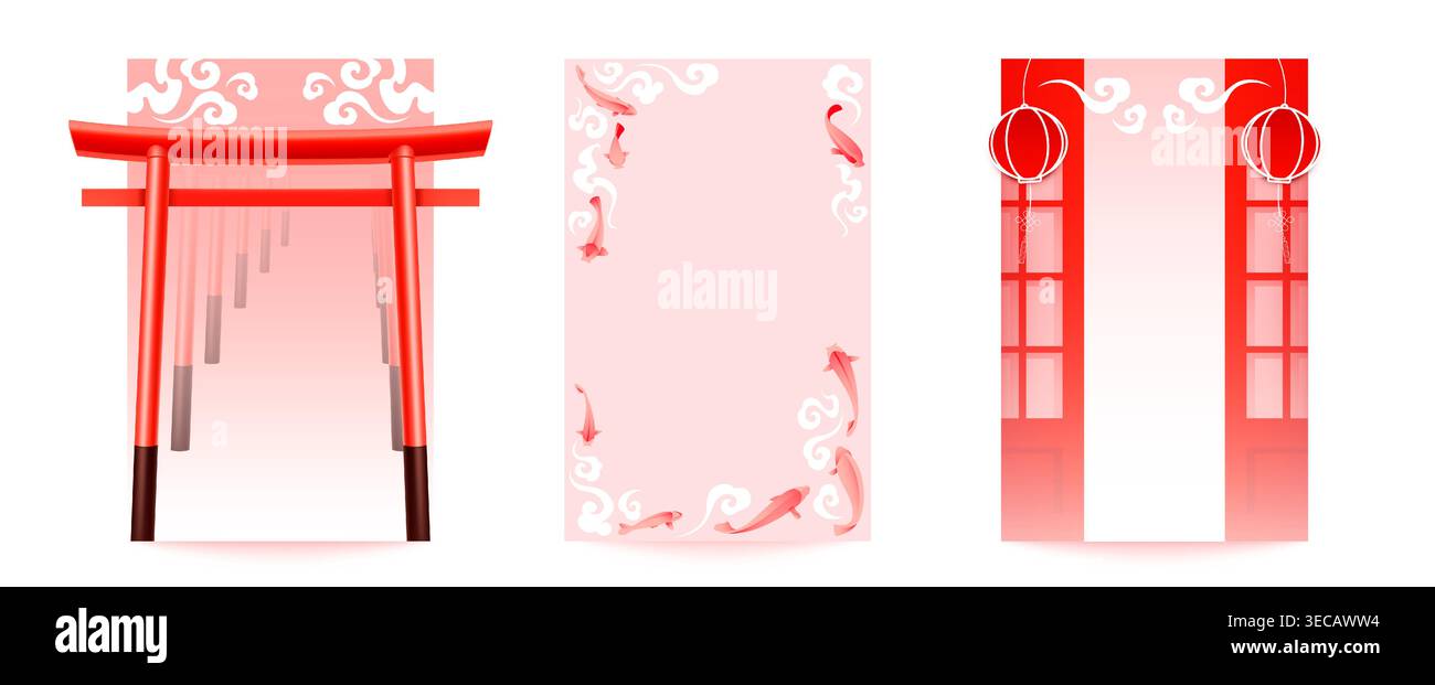 Cartes japonaises avec porte torii, poisson koi et motif de nuage traditionnel, ensemble de fond vectoriel oriental. Éléments culturels authentiques, affiches avec arc de pagode rouge, lanternes et design minimaliste Illustration de Vecteur