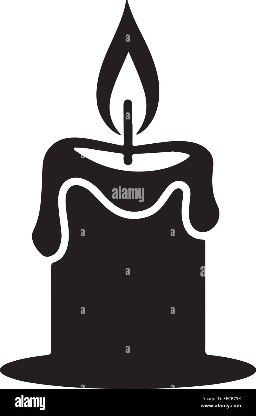 Icône stylisée de silhouette noire d'une bougie allumée avec de la cire qui coule et une flamme vibrante, symbolisant la chaleur, la mémoire, la spiritualité, la célébration, et. Illustration de Vecteur
