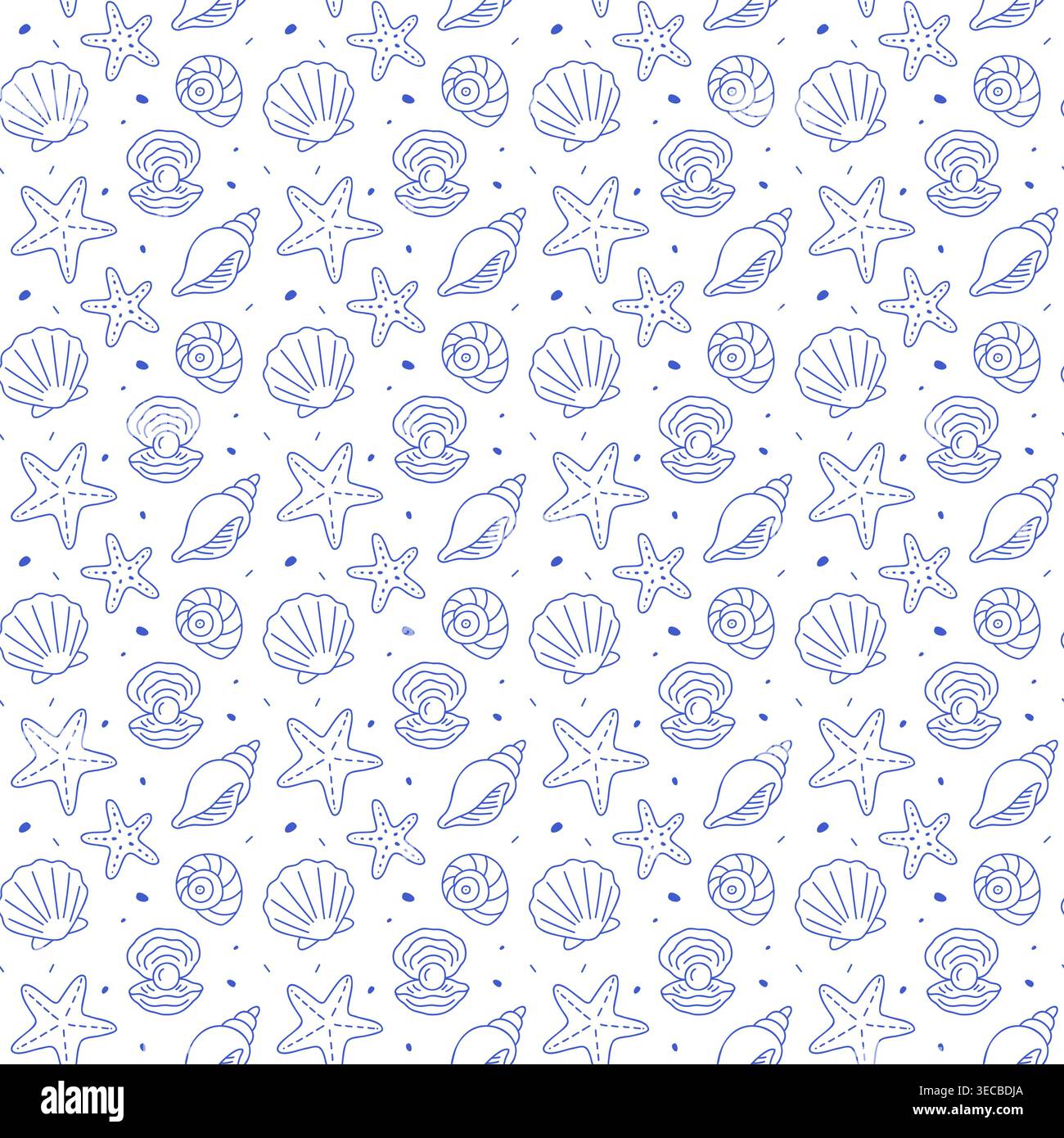 Modèle sans couture avec coquillages, huîtres perlées et étoiles de mer dans le style de ligne bleue sur fond blanc. Imprimé côtier. Illustration de Vecteur
