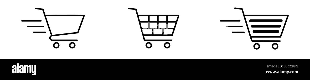 Ensemble d'icônes de panier d'achat pour le commerce électronique, symboles minimalistes en trait noir comprenant caisse, vente au détail, livraison, panier et ventes. Illustration de Vecteur