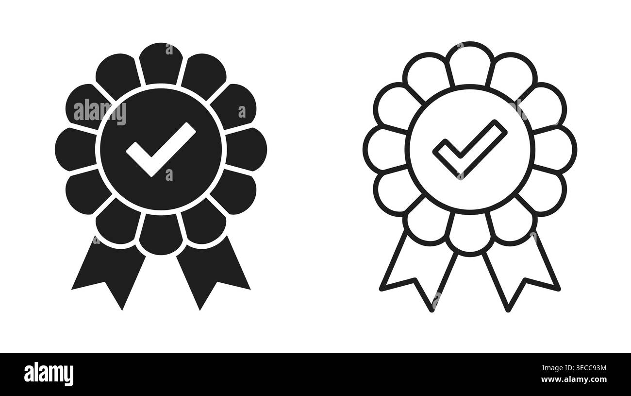Collection d'icônes de badge d'assurance qualité et de vérification en trait monochrome plat, excellence, approbation, succès et récompense. Illustration de Vecteur