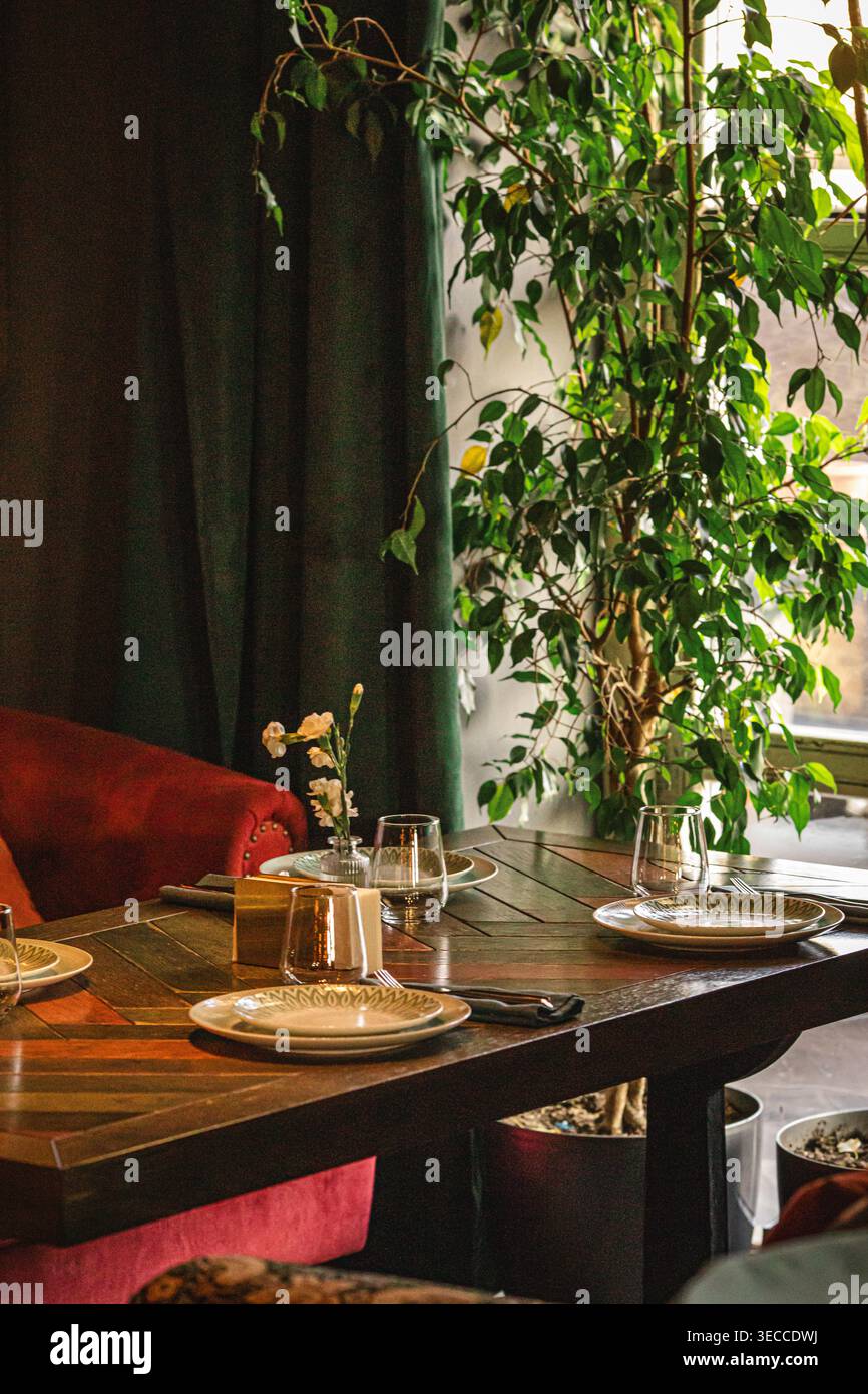 Intérieur de restaurant confortable avec table et plantes Banque D'Images