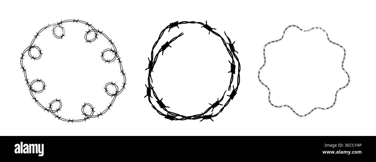 Bordure de silhouette de fil de fer barbelé, clôture. Fil à pointes avec des barbes tranchantes le long de son périmètre. Anneau torsadé y2k, tatouage de bordure ronde, cadre en acier texturé gothique,. Illustration vectorielle Illustration de Vecteur