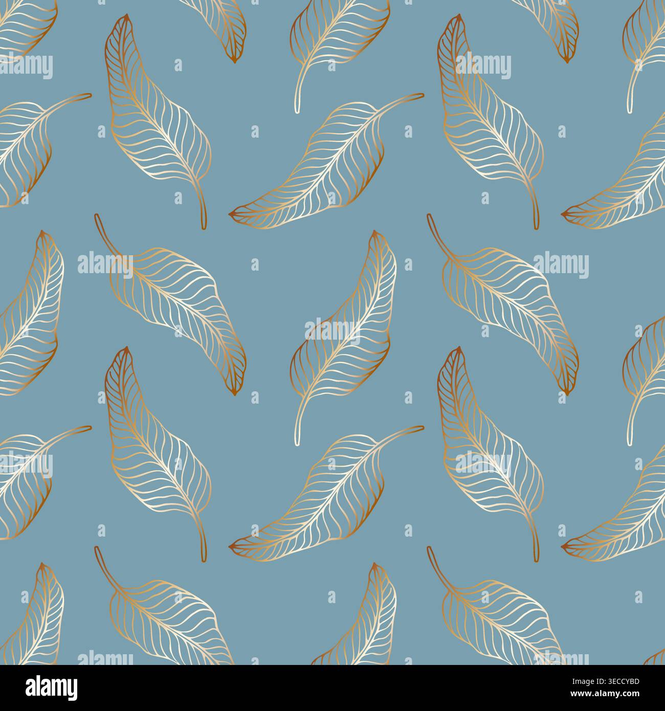 Modèle sans couture de luxe avec des feuilles tropicales dorées sur fond bleu poussiéreux. Art de ligne botanique élégant avec effet de feuille d'or pour papeterie de mariage, Illustration de Vecteur