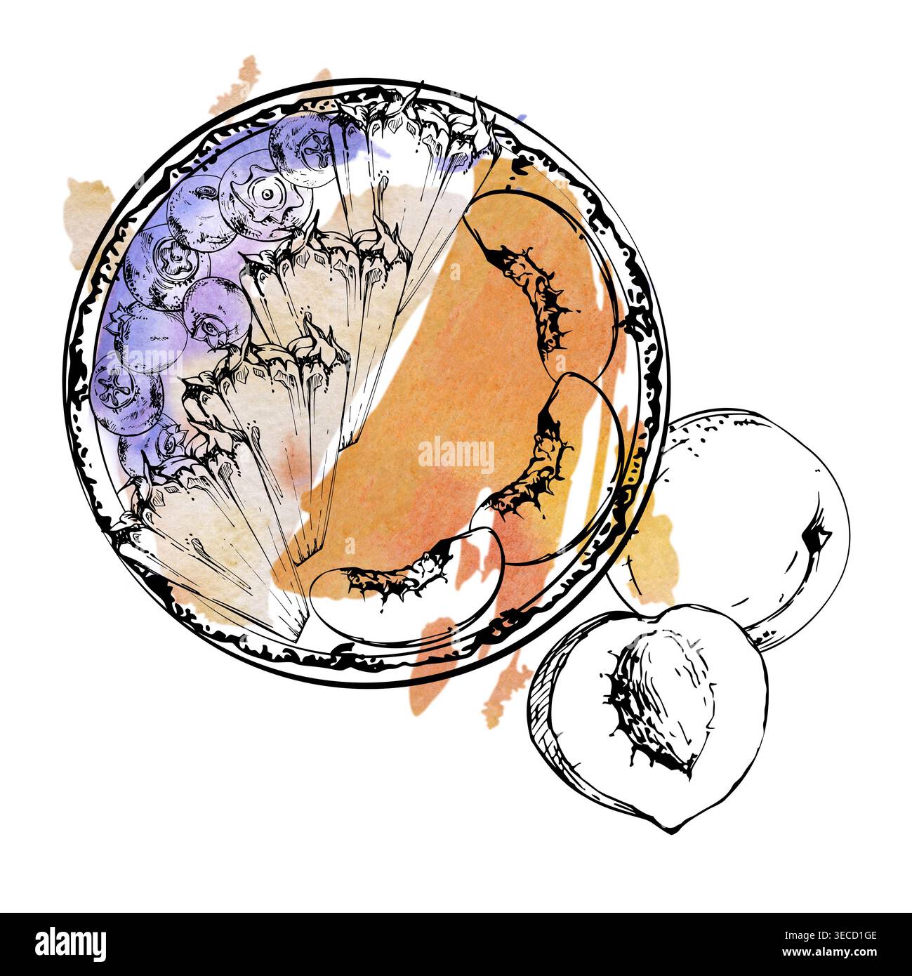 Bol à smoothie à l'encre avec quartiers d'ananas, pêche, tranches d'abricot, bleuets éparpillés. Illustration isolée de l'aquarelle dessinée à la main. Menu tropical Banque D'Images