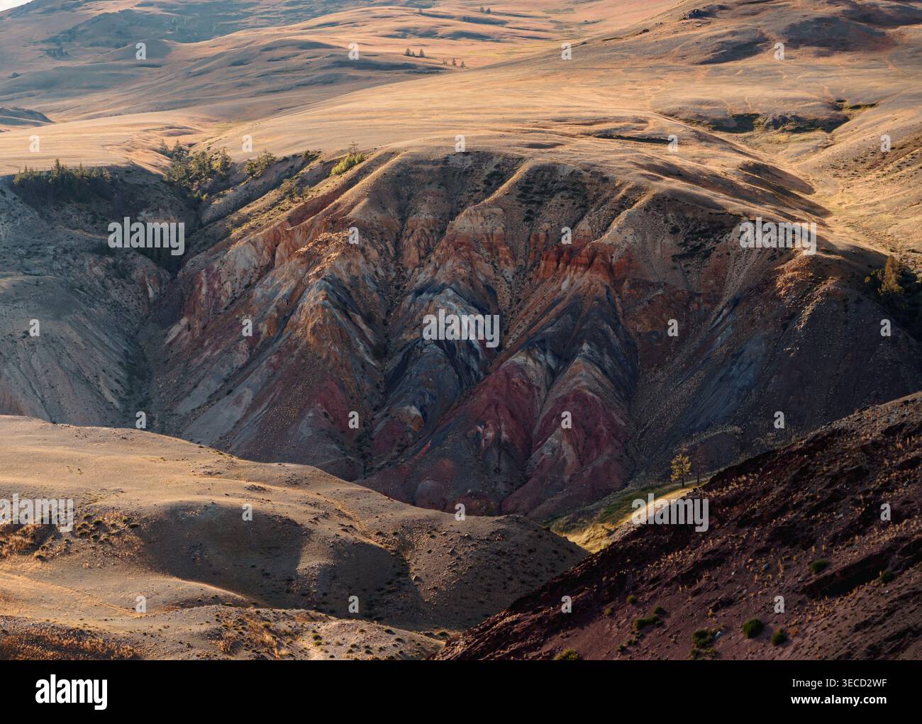 Couleurs du paysage de l'Altaï sur mars montrant différentes couches et motifs rocheux pendant la lumière de fin d'après-midi Banque D'Images