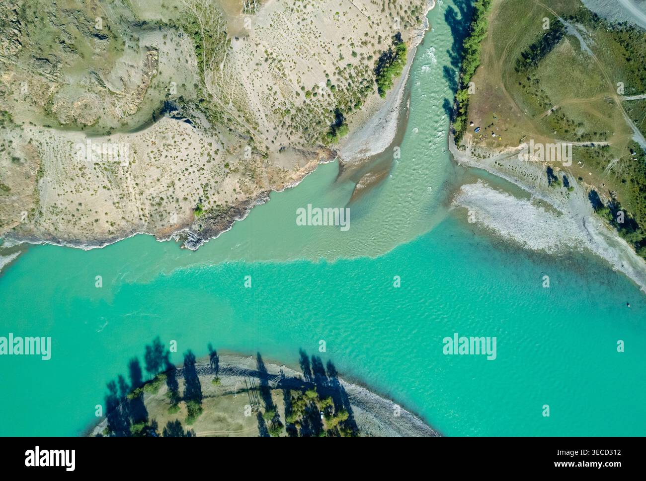 La vue aérienne montre la confluence de la rivière Altaï montrant l'eau turquoise vibrante fusionnée avec un ruisseau vert plus clair dans un vaste paysage naturel Banque D'Images
