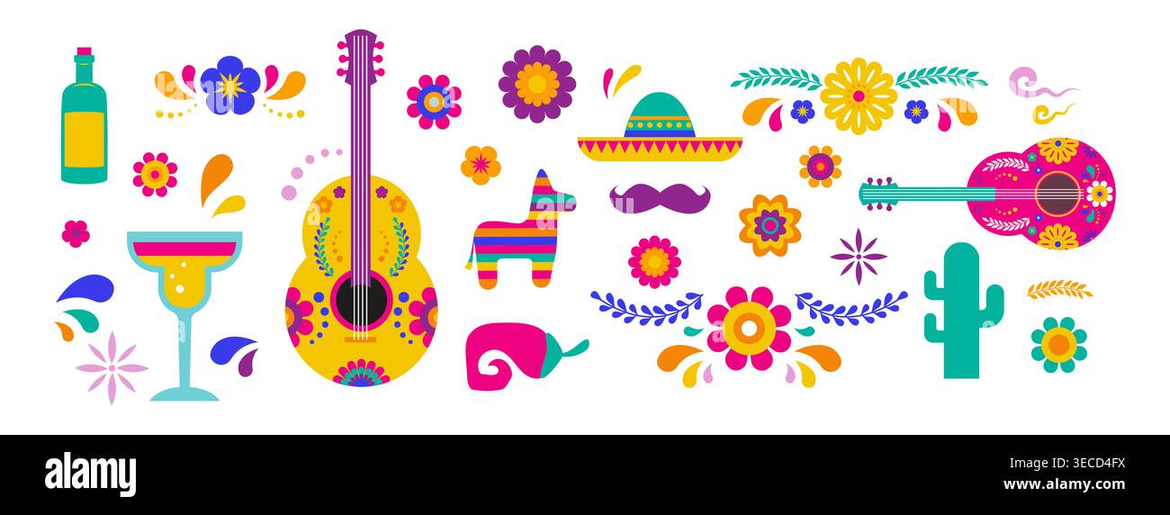 Cinco de Mayo fête mexicaine. Collection d'éléments décoratifs et de symboles fiesta dessinés à la main. Icônes du Mexique définies. Illustration de Vecteur