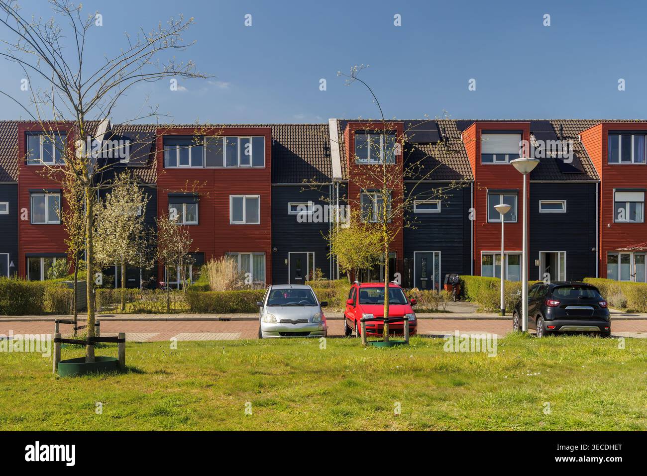Maisons rouges hollandaises avec des voitures garées devant à Zutphen, Gueldre Banque D'Images