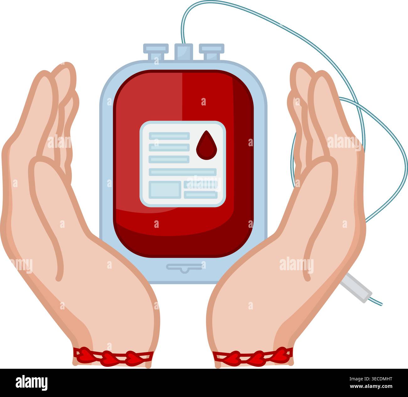 Mains tenant sac de sang de donneur. Sauvez la vie. Concept de médecine. Journée des donateurs. Illustration vectorielle Illustration de Vecteur