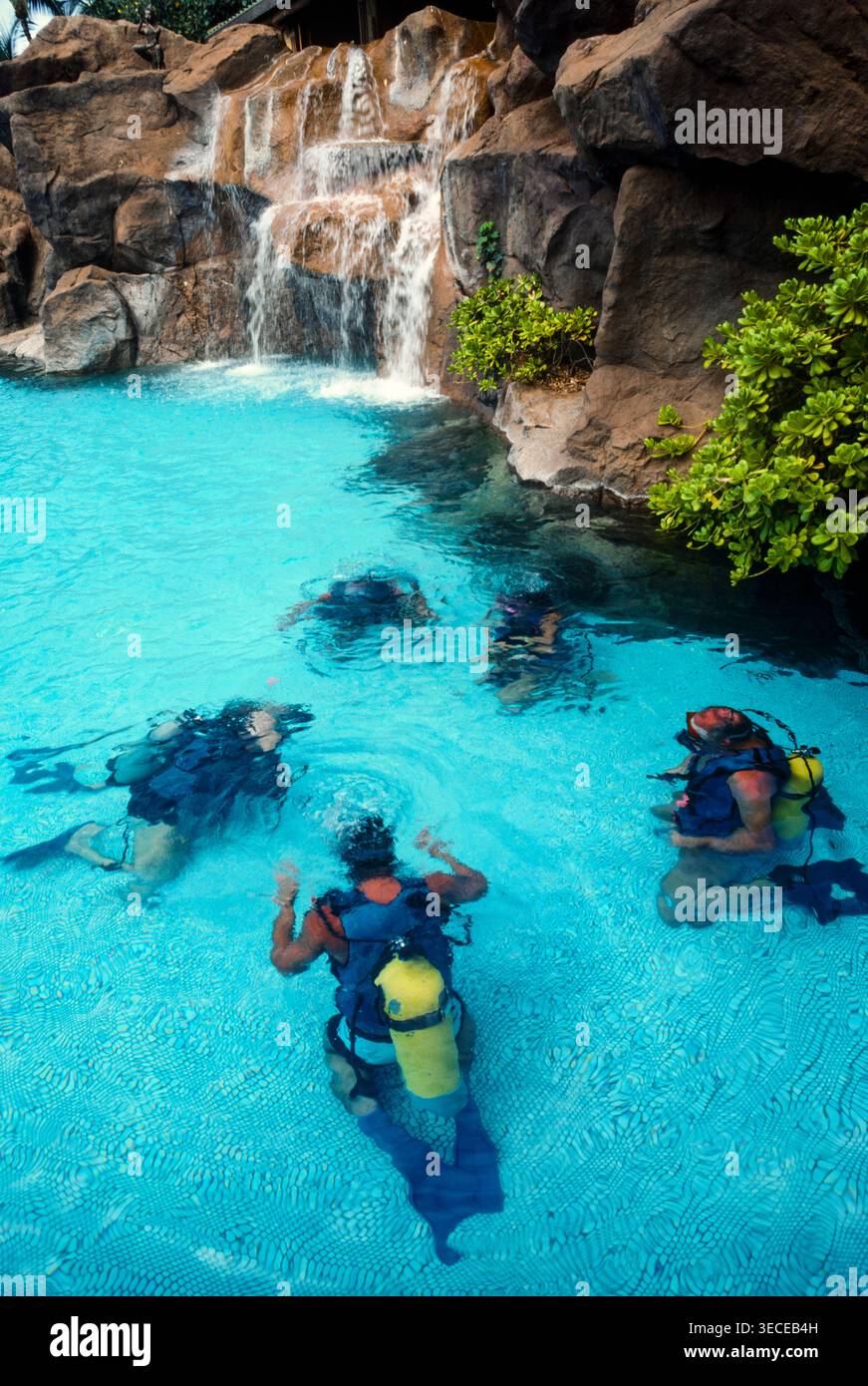 Les clients de l'hôtel observent l'entraînement de plongée dans une piscine d'hôtel dans un hôtel haut de gamme sur l'île de Maui, Hawaï, États-Unis Banque D'Images