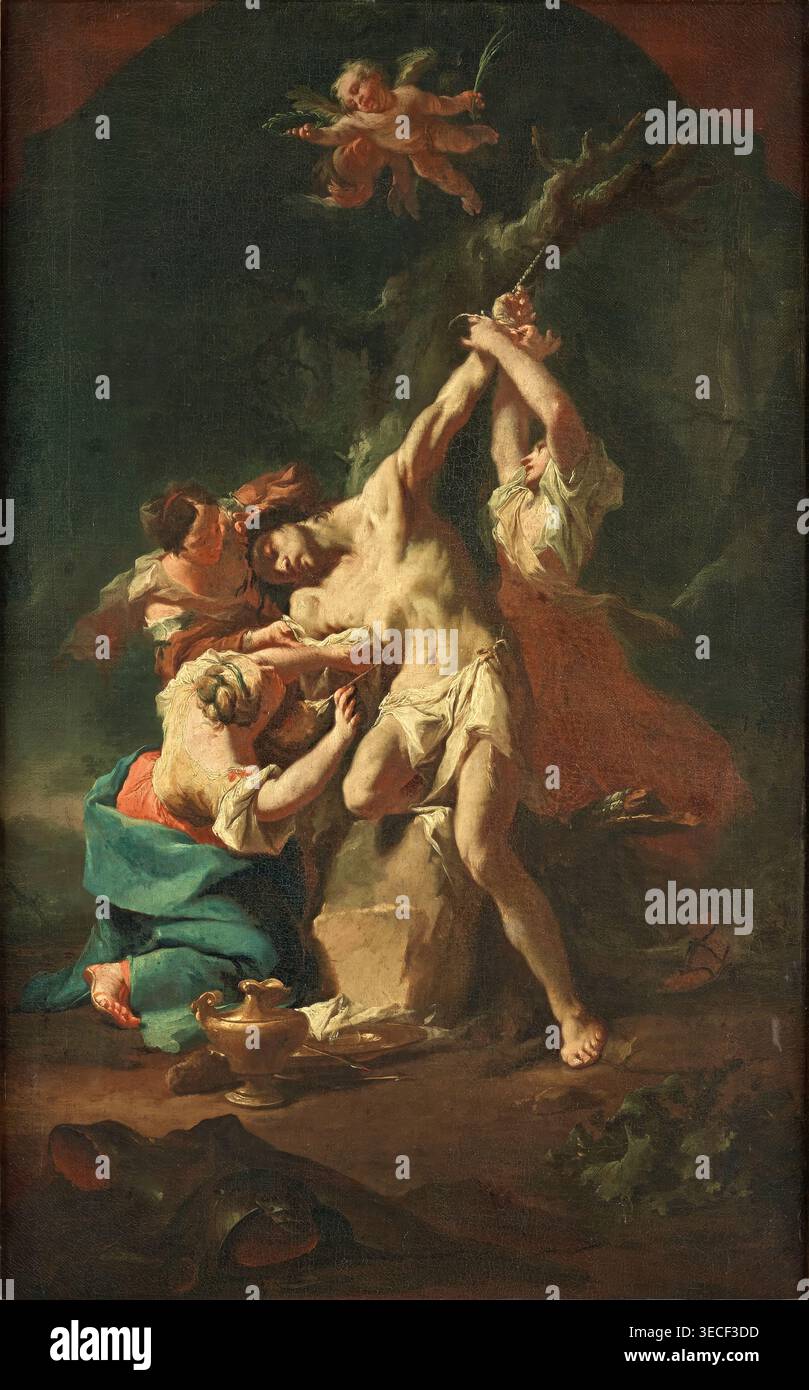 Paul Troger – Saint Sébastien et les femmes (1746), huile sur toile. Scène de martyre baroque autrichienne Saint Sébastien flèches femmes en deuil fidèles souffrants dramatique souffrance persécution religieuse endurance spirituelle | ArchiVerse : Art religieux Banque D'Images