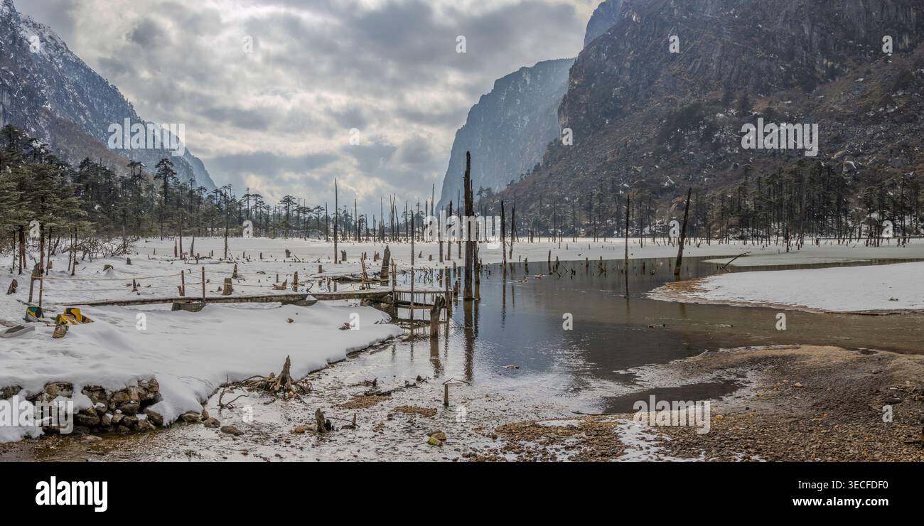 Le Sangestar Tso, vallée de montagne enneigée avec forêt morte inondée et souches d'arbres sous un ciel nuageux spectaculaire Banque D'Images