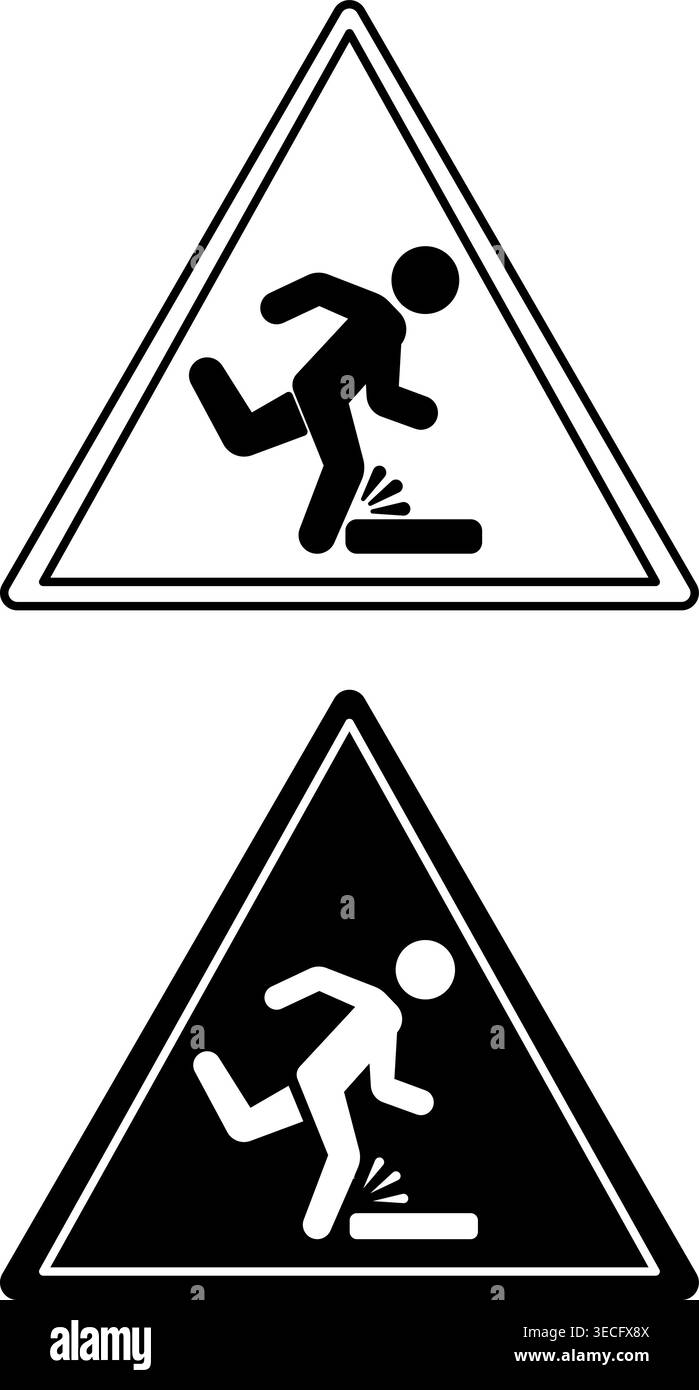 Panneaux de danger de trébuchement. Icônes vectorielles noir et blanc. Chute de Man. Signe d'avertissement de danger Illustration de Vecteur