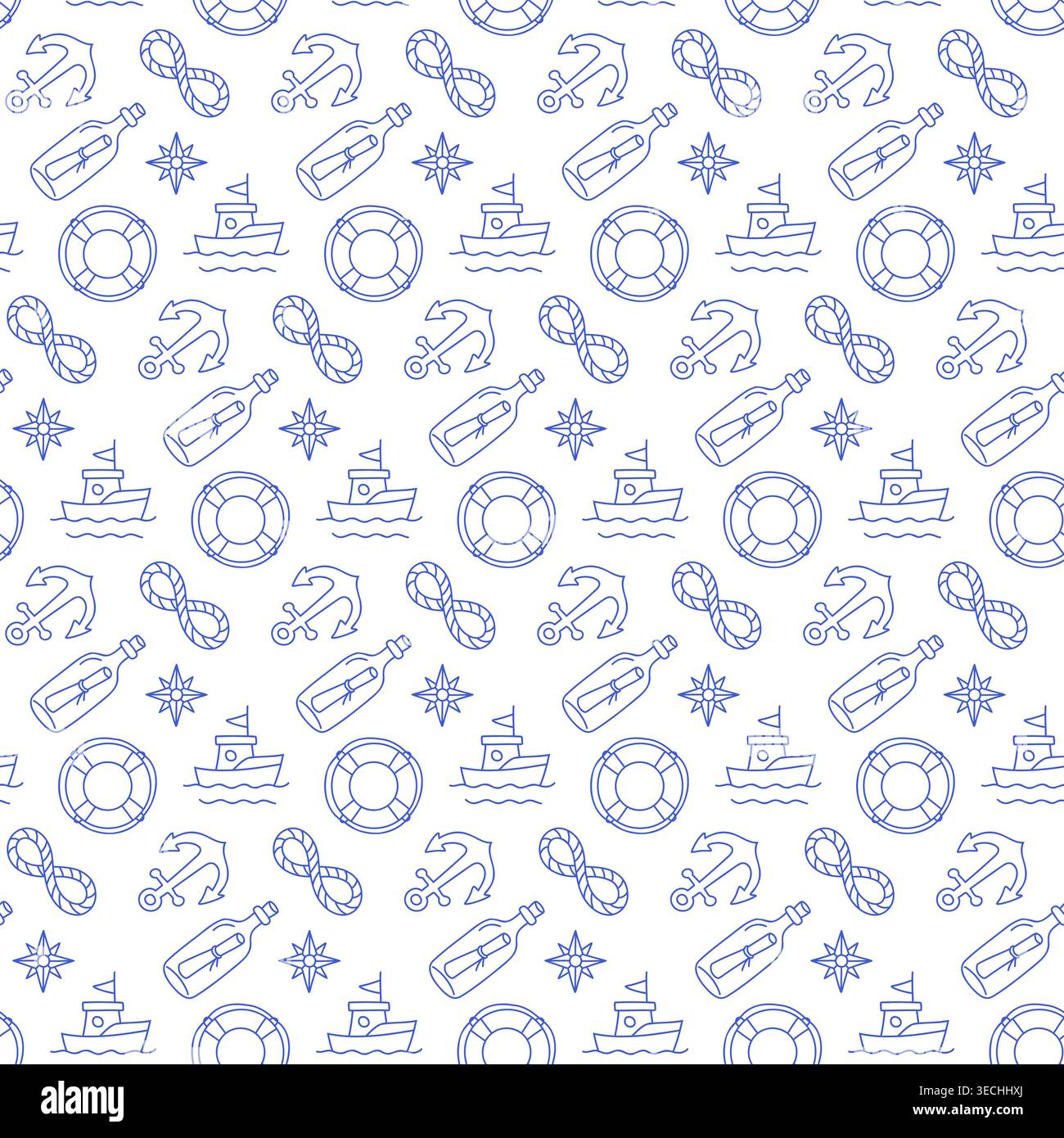 Modèle sans couture avec ancres, cordes, bouées de sauvetage et bateaux dans le style de ligne bleue sur fond blanc. Impression nautique de contour. Illustration de Vecteur
