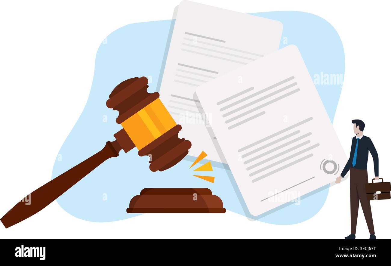 Document juridique, concept de papier d'approbation de la loi et du jugement, avocat mature tenant le document juridique avec un marteau de marteau de marteau de la cour ou du jugement. Illustration de Vecteur