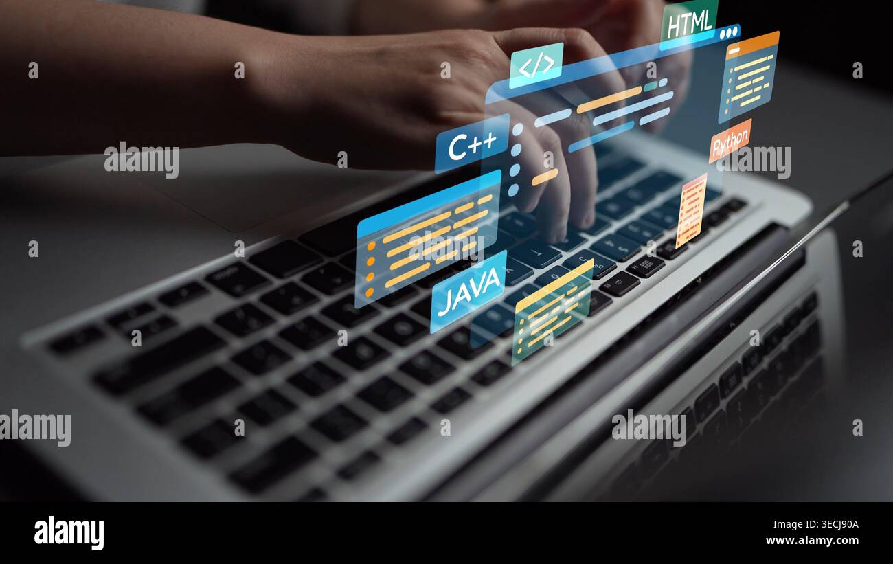 Développement logiciel avec superpositions de codage, langages de programmation, outils de développement, création d'applications mobiles et programmation avancée pour produits numériques Banque D'Images