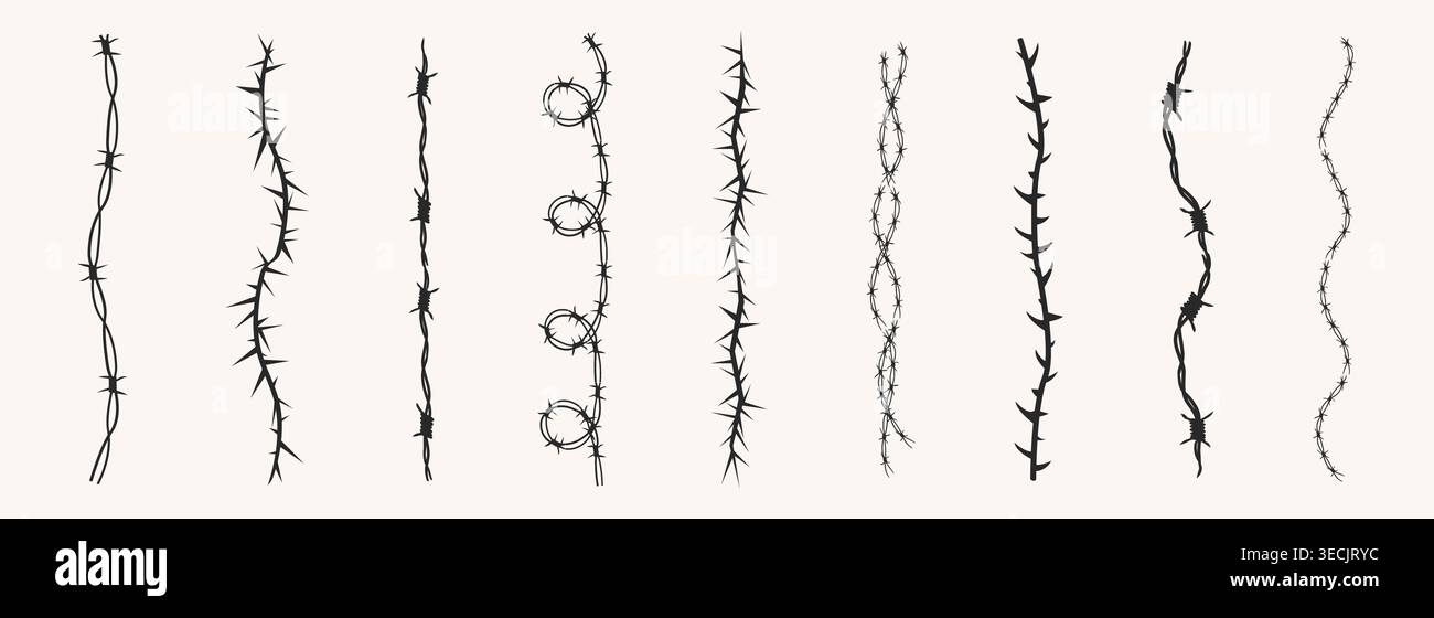Bordure de silhouette de fil de fer barbelé, clôture. Fil à pointes avec des barbes tranchantes le long de son périmètre. Anneau torsadé y2k, tatouage de bordure ronde, cadre en acier texturé gothique,. Illustration vectorielle Illustration de Vecteur