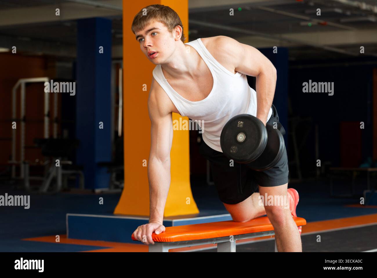 Un jeune sportif s'engage activement dans l'haltérophilie, en se concentrant sur le renforcement musculaire et l'amélioration de la force dans un cadre de gymnastique moderne, mettant en valeur le dévouement Banque D'Images