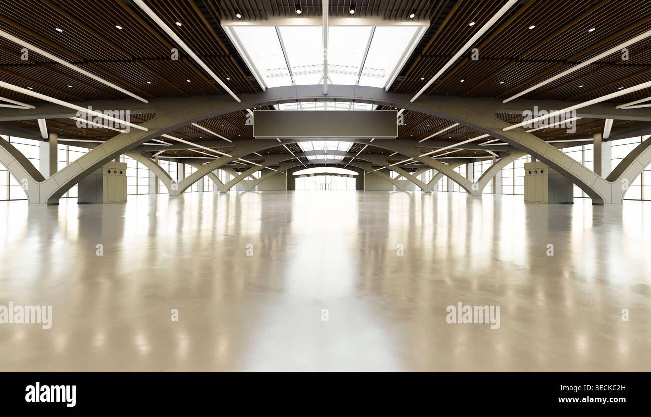 Intérieur de hall d'exposition moderne spacieux rendu avec toit de puits de lumière, arches en acier et sol en béton poli. Lieu propre et vide idéal pour le salon Banque D'Images