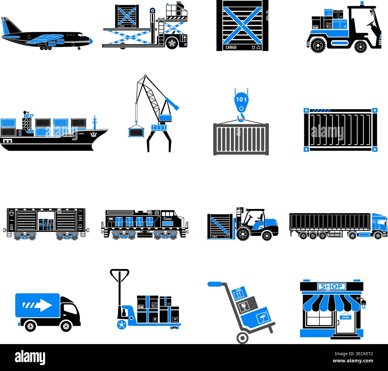 Transport de fret, emballage, expédition et logistique deux icônes d'autocollant de couleur tel que camion, fret aérien, train, expédition. Illustration vectorielle Illustration de Vecteur