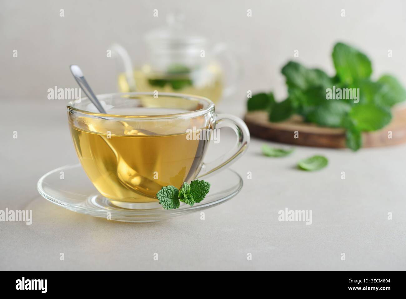Tasse en verre de thé à la menthe fraîche sur un fond clair avec une théière en verre et des feuilles de menthe sur une planche de bois en arrière-plan. Concept de plantes saines d Banque D'Images