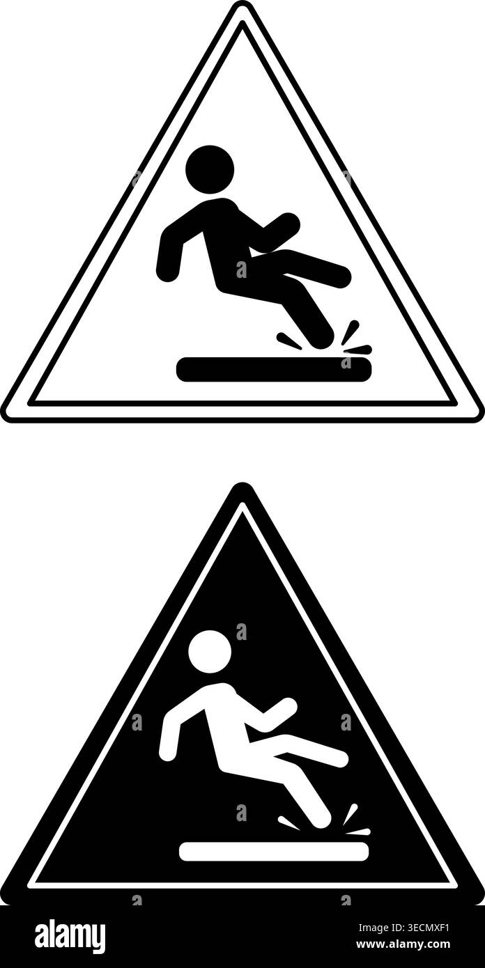 Panneaux de plancher glissant. Icônes vectorielles noir et blanc. Man Falls sur un sol glissant. Signe d'avertissement de danger Illustration de Vecteur