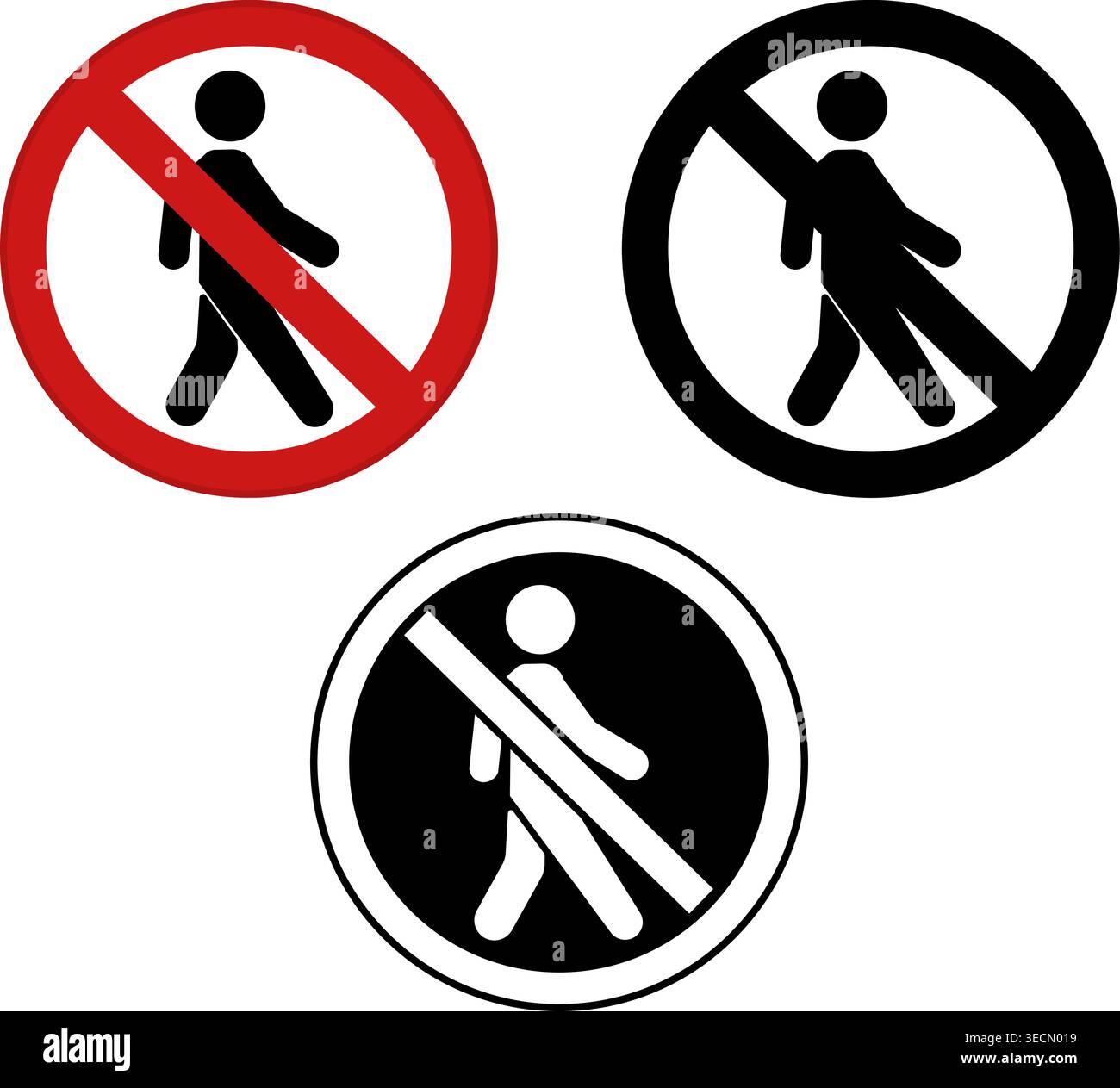 Panneaux pas de piétons. Signalisation routière interdite. Pas de gens de Crossing. Icônes vectorielles rouge, noir et blanc Illustration de Vecteur