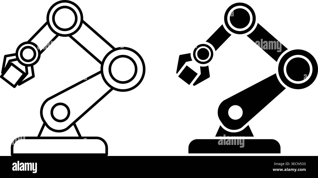 Icônes robotiques. Icônes noir et blanc. Illustration vectorielle d'un bras robotique industriel. Concept technologique Illustration de Vecteur