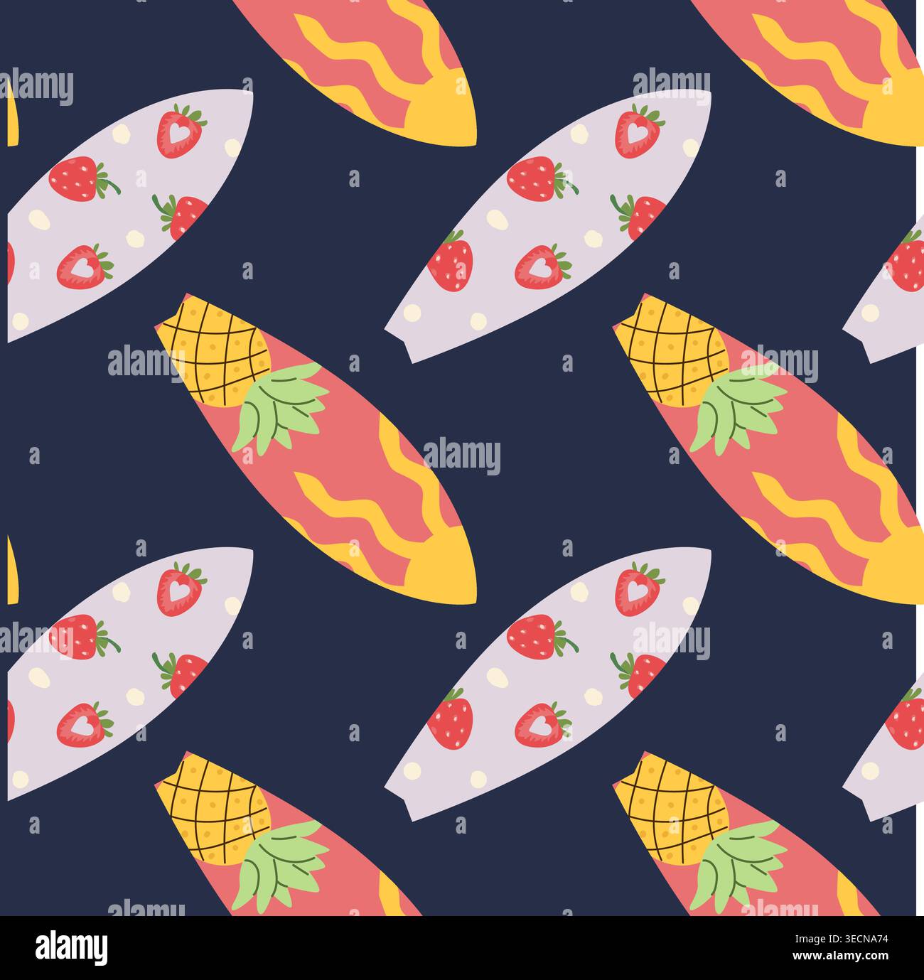 Un motif sans couture de planches de surf illustrées dans un style plat de dessin animé. Présente des motifs vibrants avec des fraises et des ananas sur un fond sombre. Illustration de Vecteur