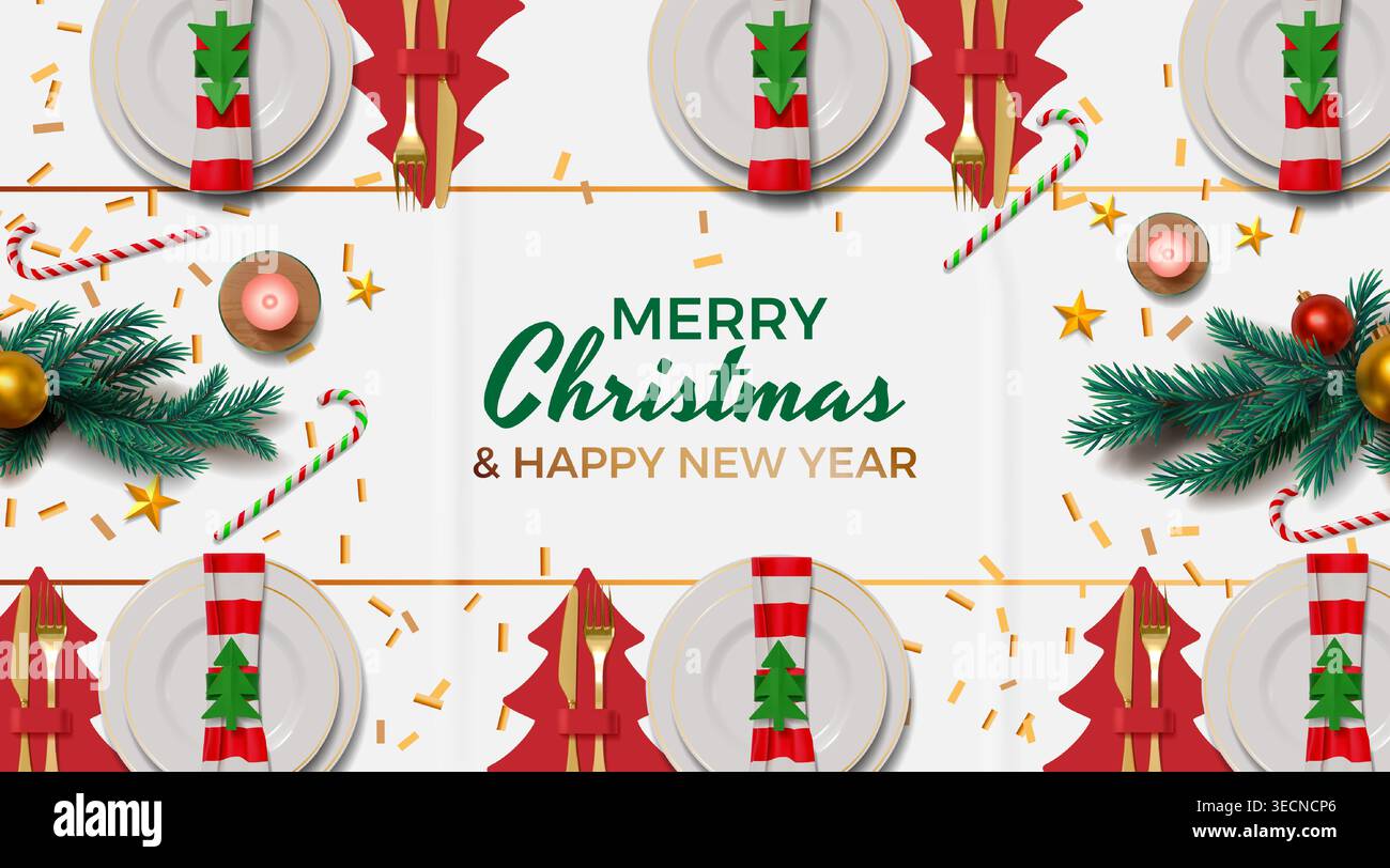 Table de Noël. Cadre du dîner du nouvel an, menu repas de Noël 3D ou cuisine du restaurant Happy Holiday, composition des serviettes vue de dessus. Carte d'invitation décorative, célébration saisonnière. Conception de bannière vectorielle Illustration de Vecteur