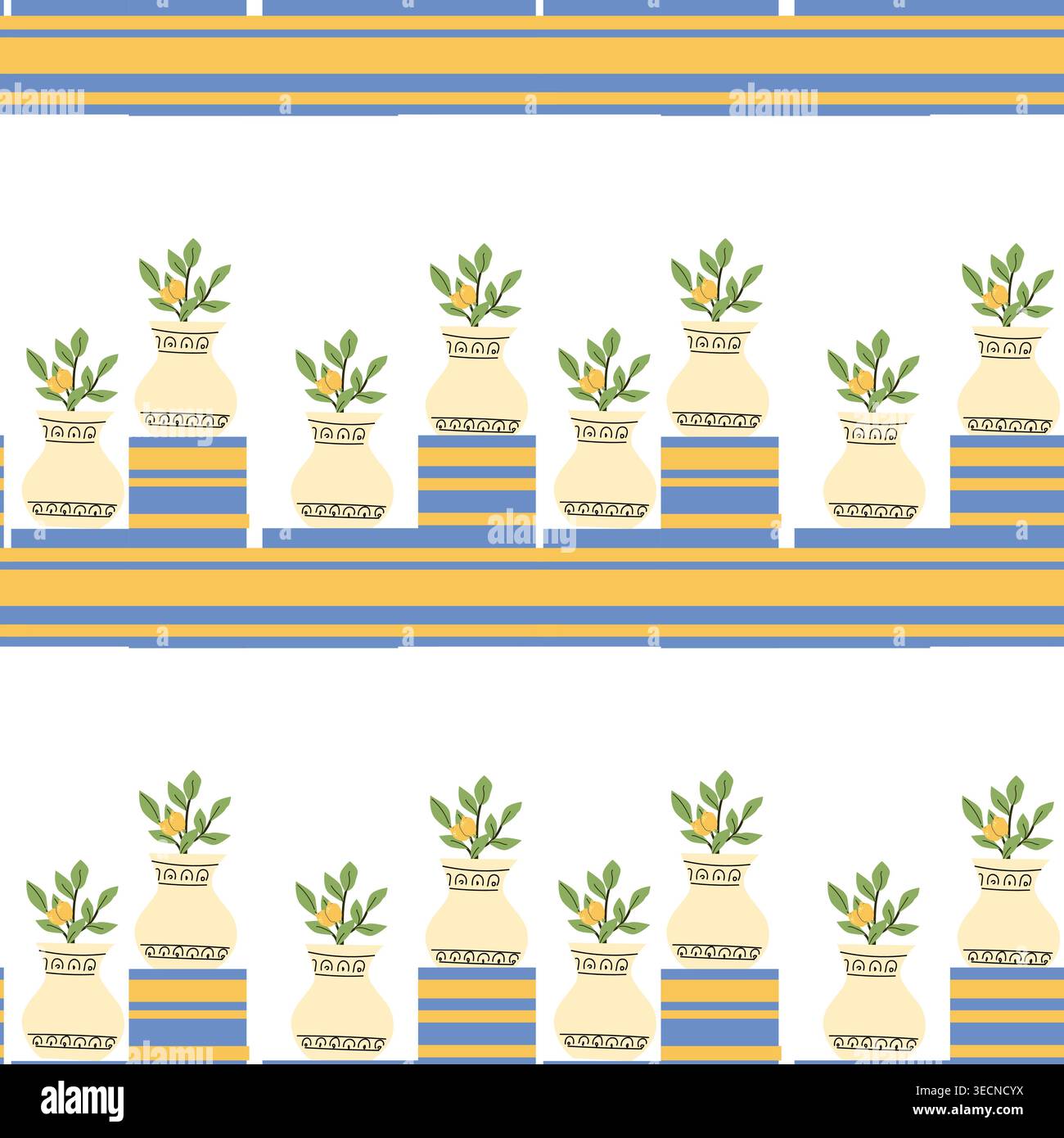 Un motif sans couture de plantes en pot dans un style de jardin méditerranéen. La conception dispose de pots décoratifs avec de la verdure et des citrons, idéal pour le textile d Illustration de Vecteur