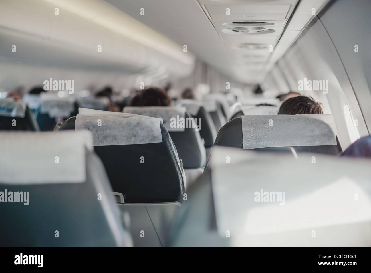Passagers assis dans la cabine économique d'un avion commercial pendant le vol de jour rangées de sièges Banque D'Images
