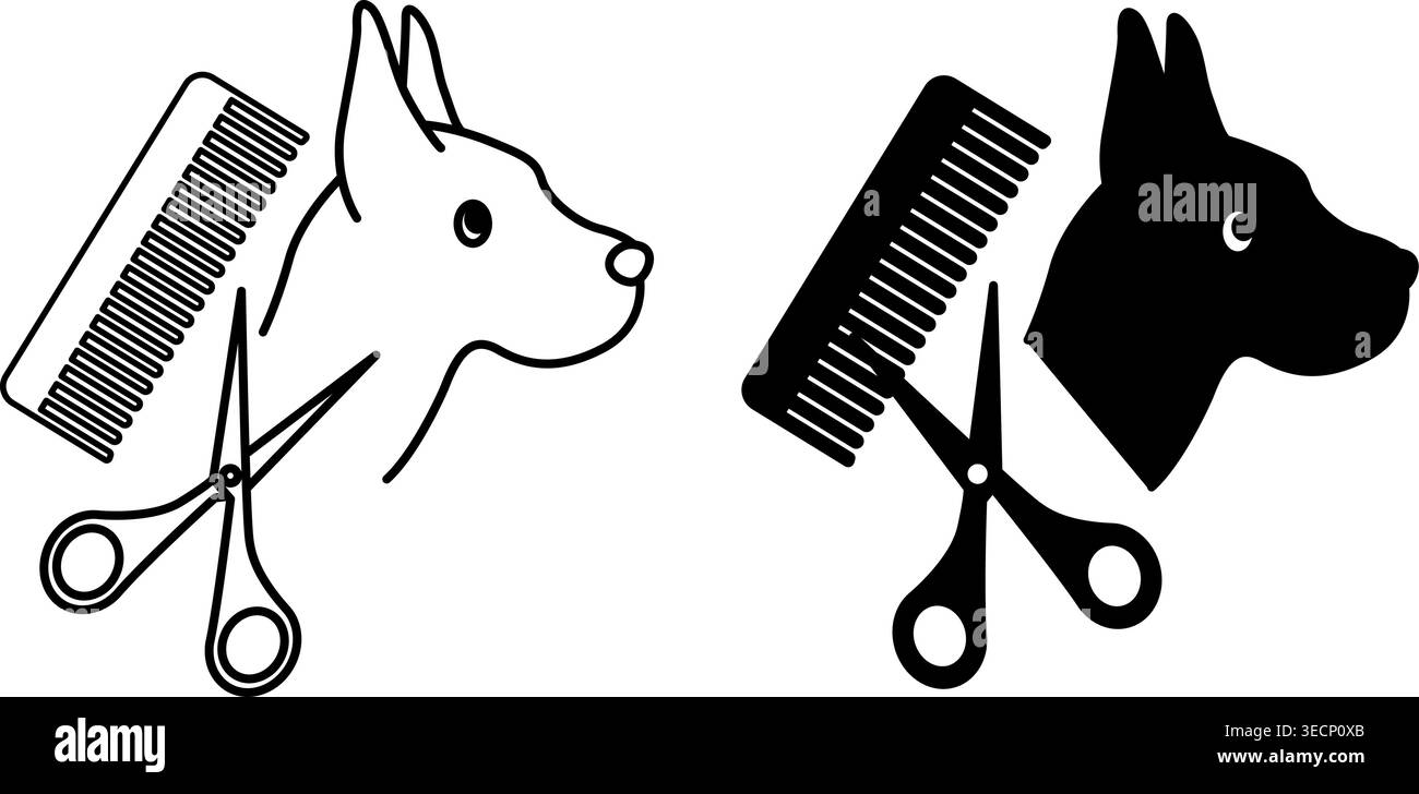 Icônes de toilettage. Icônes vectorielles noir et blanc. Chien, ciseaux et peigne. Toilettage salon pour animaux. Services de toilettage Illustration de Vecteur