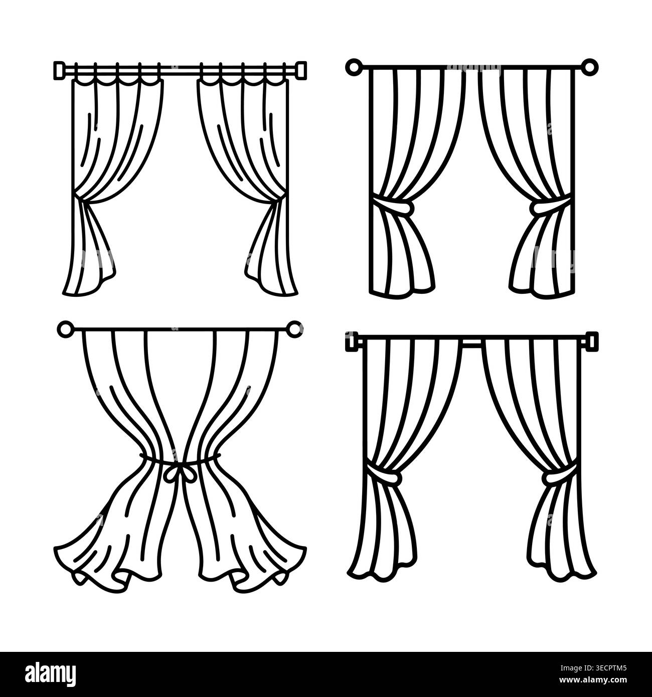 Icônes de rideau définies dans le style de ligne mince. Illustrations vectorielles de draperie de fenêtre avec différents draps et tringles. Éléments de décoration intérieure à contour noir Illustration de Vecteur